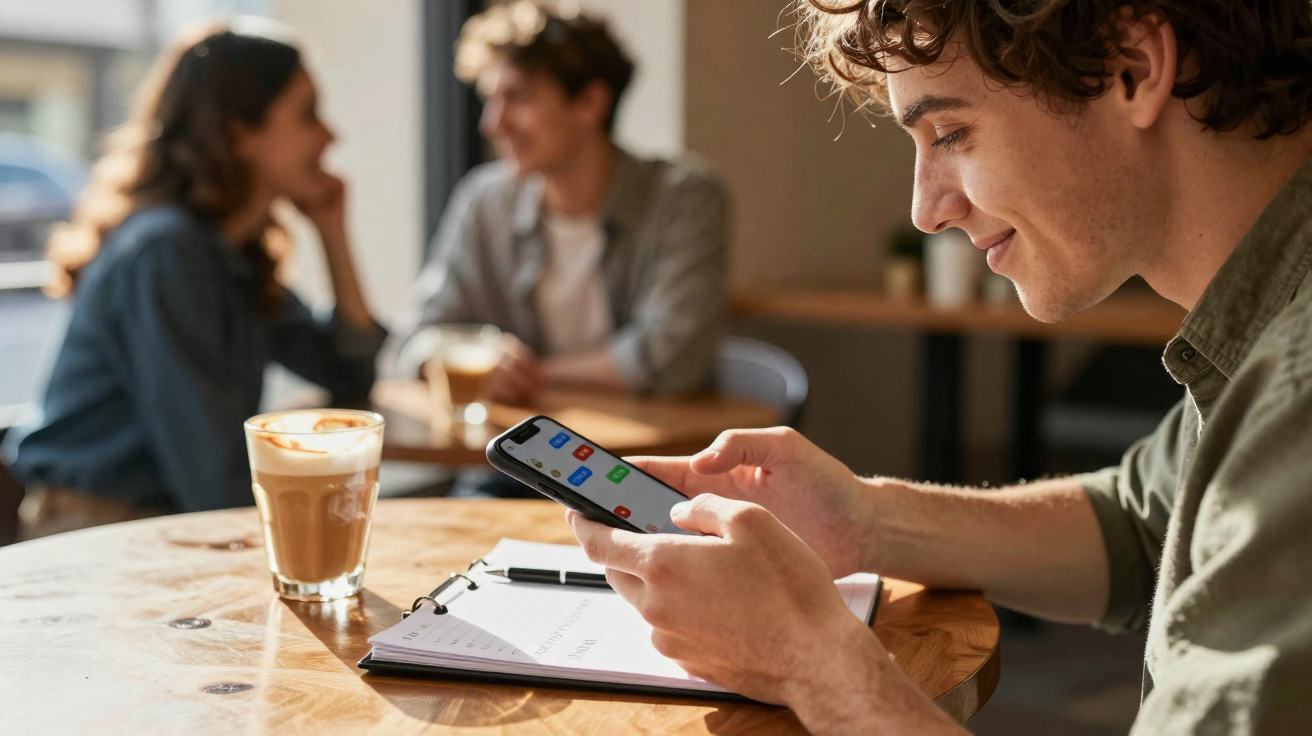 Junger Mann sitzt im Café mit Smartphone, Notizbuch und Latte Macchiato am Holztisch.