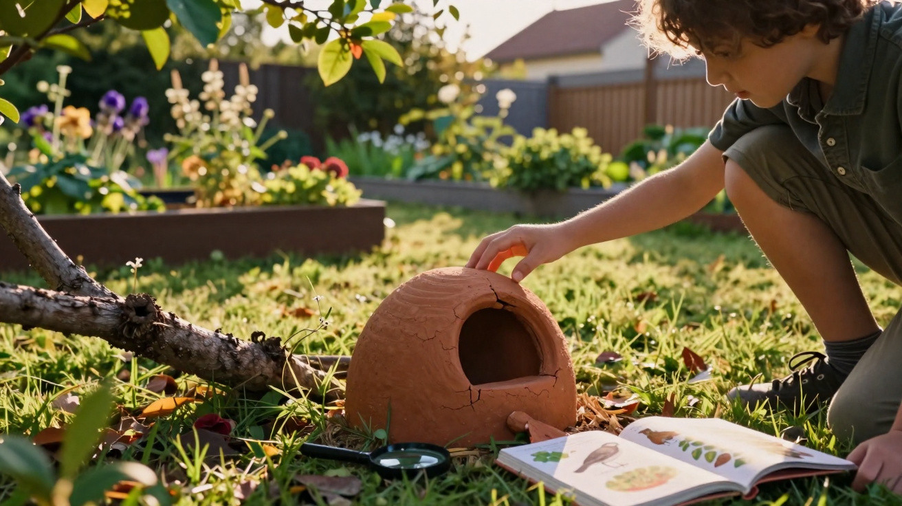Kind untersucht Tonhöhle im Garten, neben einem Naturbuch und Lupe, bei Sonnenlicht.