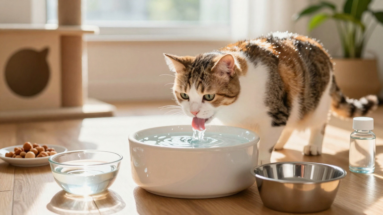 Getigerte Katze trinkt Wasser aus weißer Schüssel auf hellem Holzboden mit Spielhaus im Hintergrund.