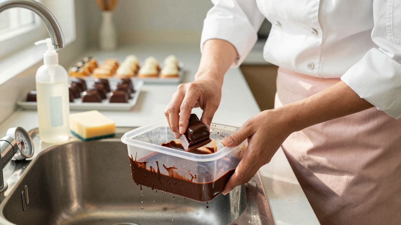Person taucht Praline in geschmolzene Schokolade über Spüle in heller Küche.