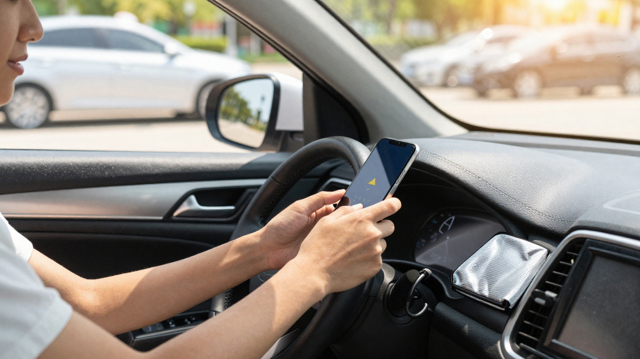 Frau sitzt im Auto und hält ein Smartphone vor dem Lenkrad, im Hintergrund geparkte Autos.