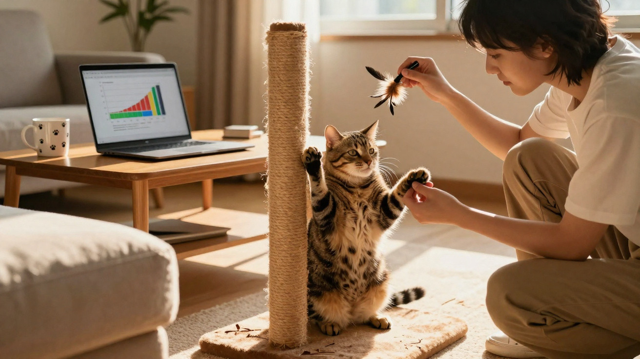 Person spielt mit einer Katze an einem Kratzbaum in einem hellen Wohnzimmer mit Laptop und Kaffeetasse.
