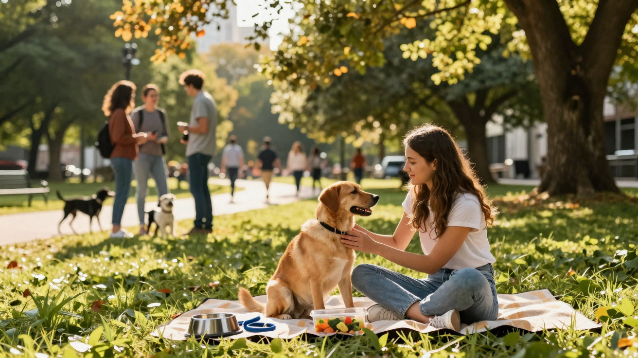 Junge Frau sitzt auf Decke im Park und streichelt ihren Labrador bei sonnigem Wetter.