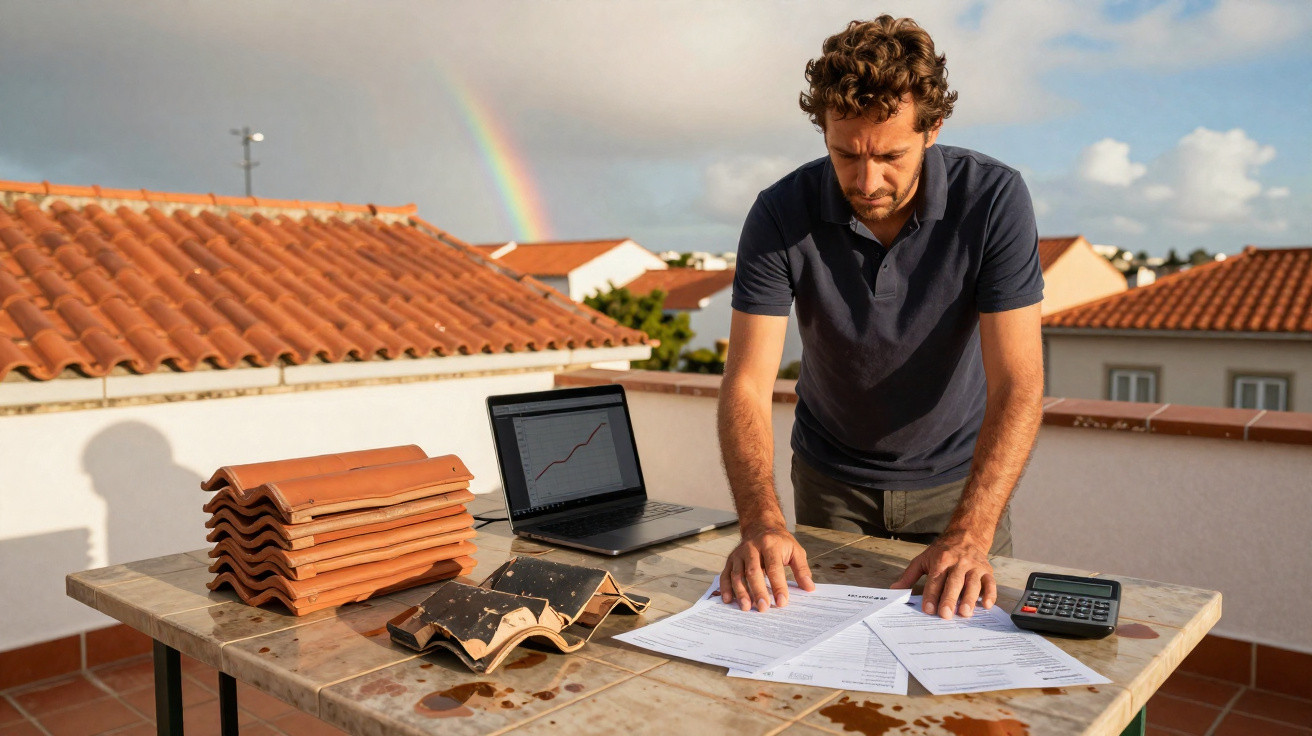 Mann prüft Baupläne auf Dachterrasse mit Dachziegeln, Laptop und Taschenrechner, Regenbogen im Hintergrund.