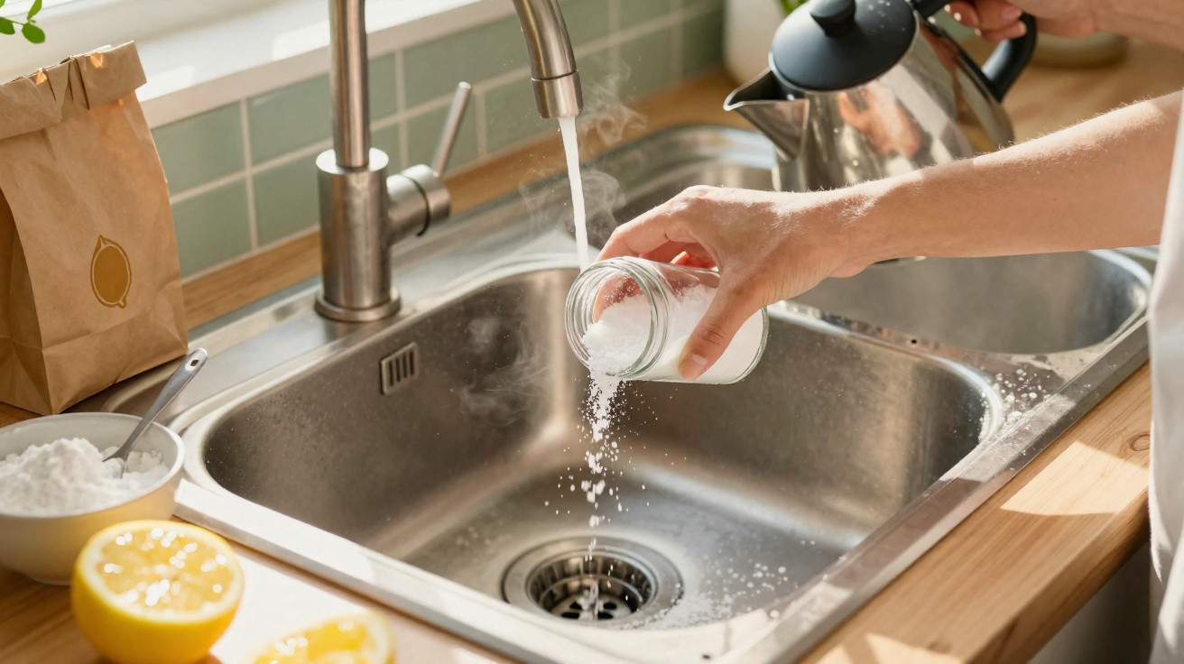 Hand schüttet Backpulver in Spüle, Wasser läuft, Zitrone und Backzutaten auf Holzarbeitsplatte.
