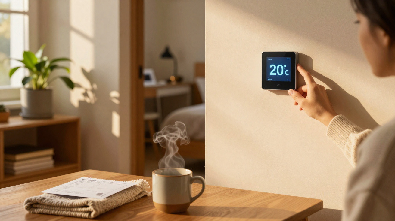 Frau stellt Thermostat an der Wand auf 20 Grad, dampfende Tasse auf Holztisch im Wohnzimmer.