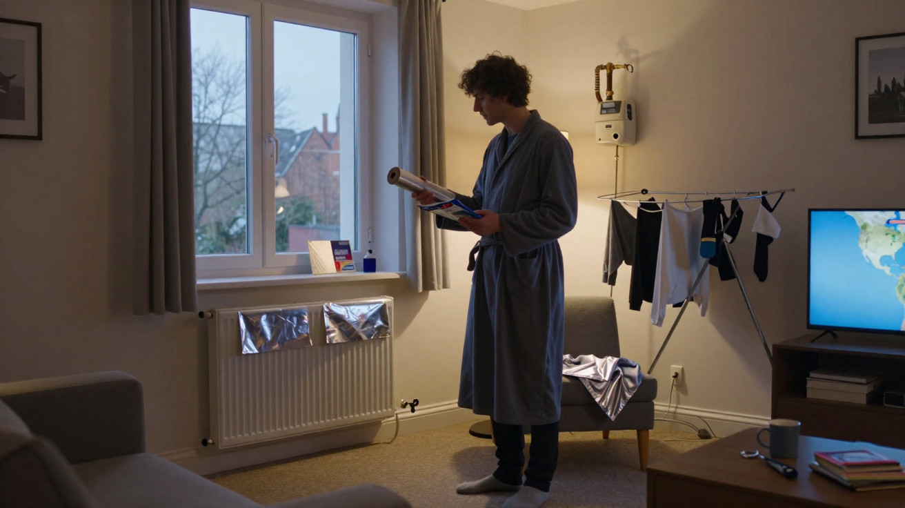 Person im Bademantel liest Zeitung am Fenster in einem Wohnzimmer mit Wäscheständer und TV.