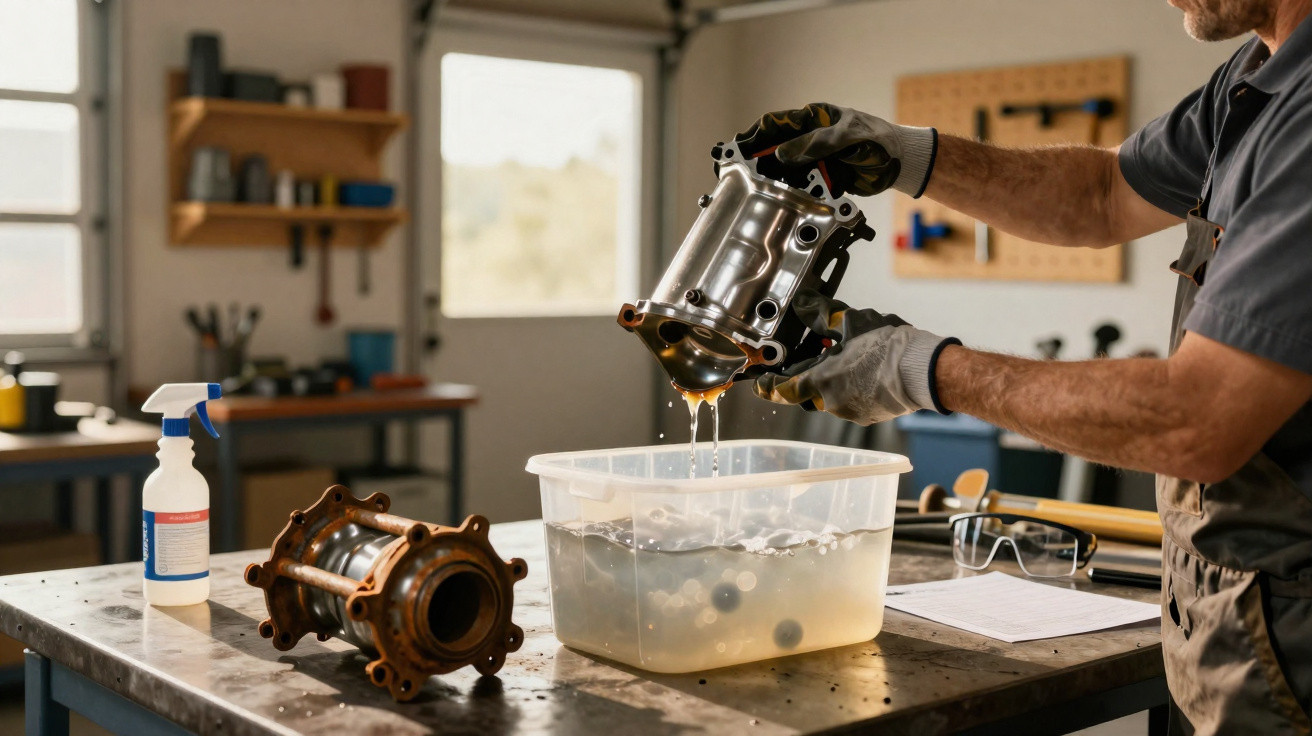 Mechaniker gießt Öl aus einem Motorbauteil in einen Behälter in einer Werkstatt.
