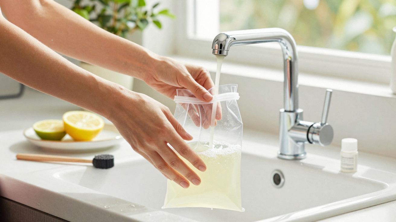Person füllt einen wiederverschließbaren Beutel mit frisch gepresstem Zitronensaft am Wasserhahn in der Küche.
