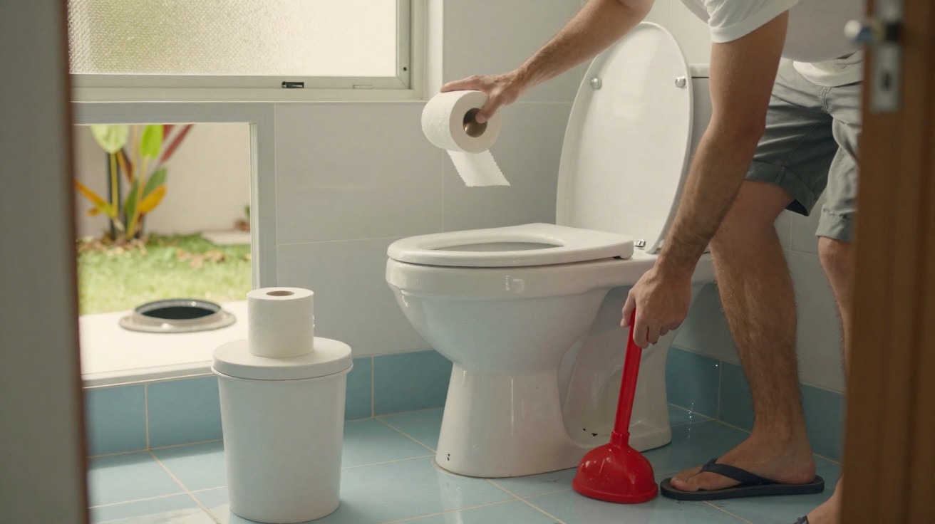 Mann in Shorts putzt Toilette mit rotem Pümpel und hält Klopapierrolle im Badezimmer.