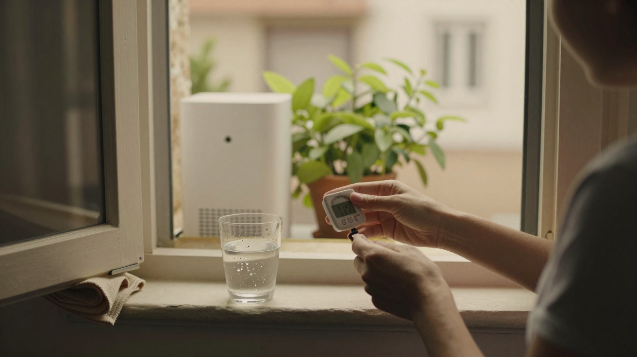 Person misst Blutzucker mit Messgerät an offenem Fenster neben Glas Wasser und Pflanze auf Fensterbank.