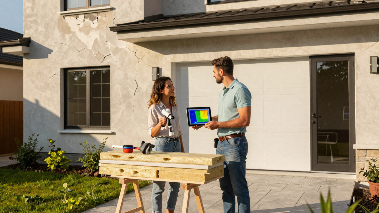Zwei Personen vor einem Haus mit Wärmebildkamera und Tablet zur Energieanalyse des Gebäudes.
