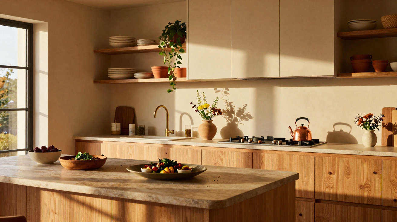 Moderne Küche mit Holzfronten, Kücheninsel, Blumenvasen und kupferfarbenem Wasserkessel bei Sonnenlicht.