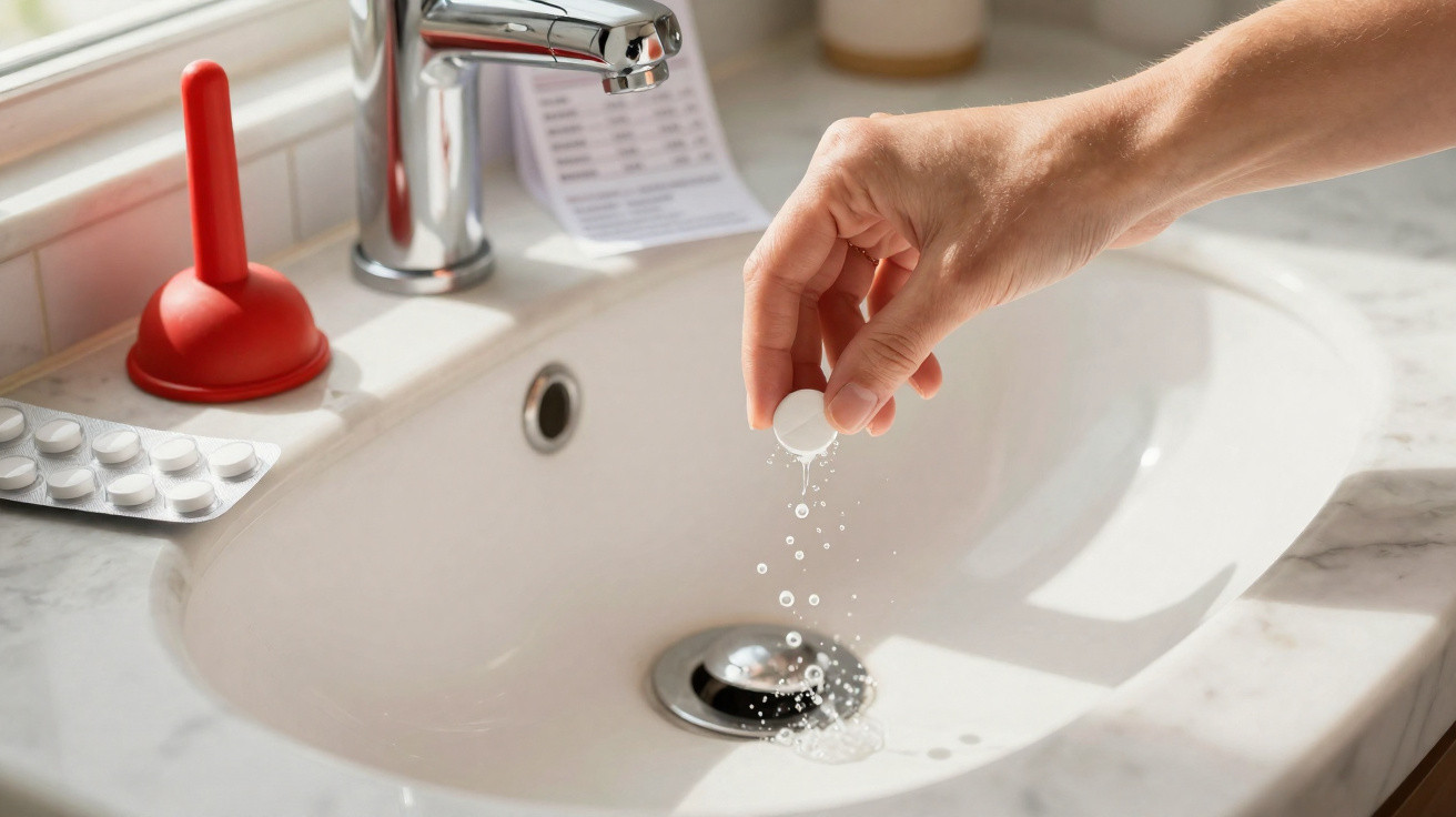 Hand hält Tablette über Waschbecken, die Tablette löst sich im Wasser auf, Toilettenstöpsel und Tablettenpackung sichtbar.
