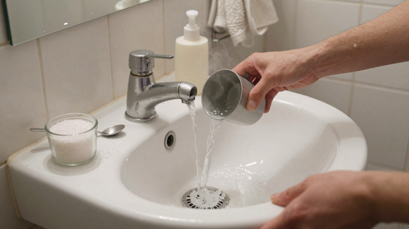Wasser wird aus einem Metallbecher in ein Waschbecken mit laufendem Wasserhahn gegossen.