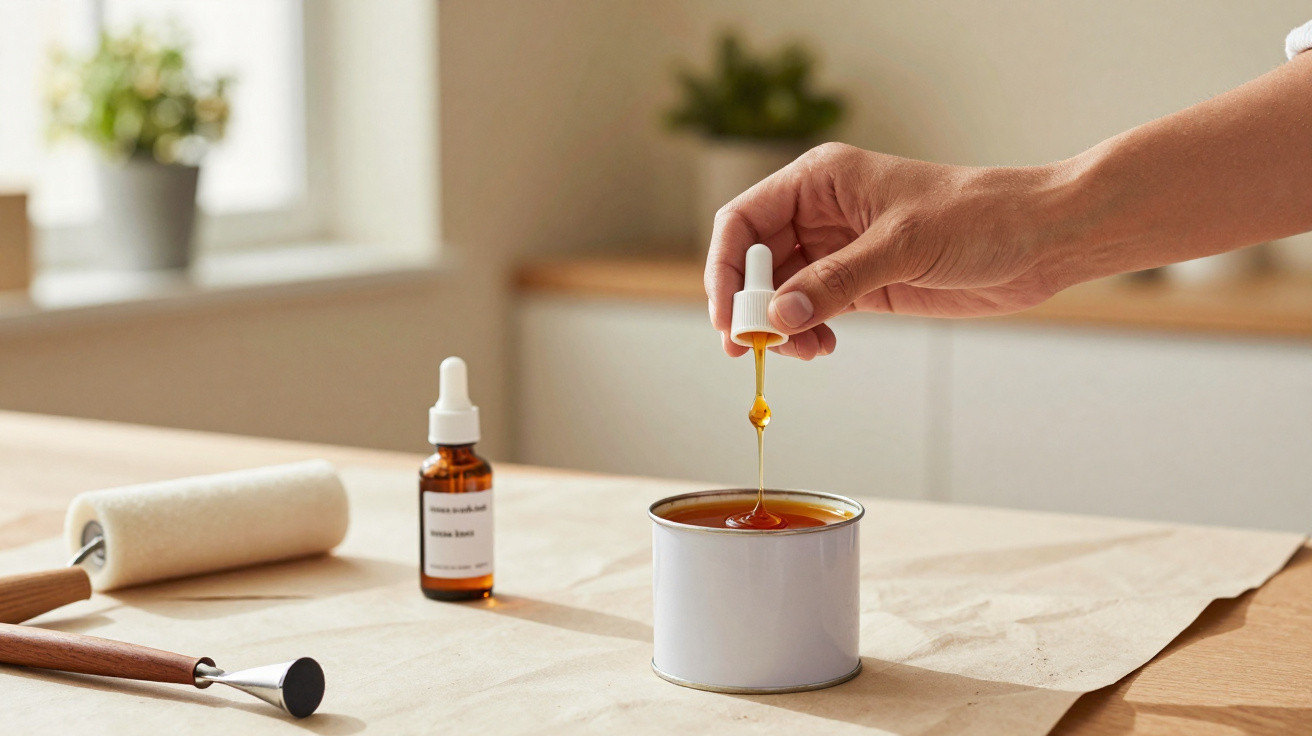 Hand tropft Harz mit Pipette in Dose, Malwerkzeug und Flasche auf Tisch mit Papier abgedeckt.