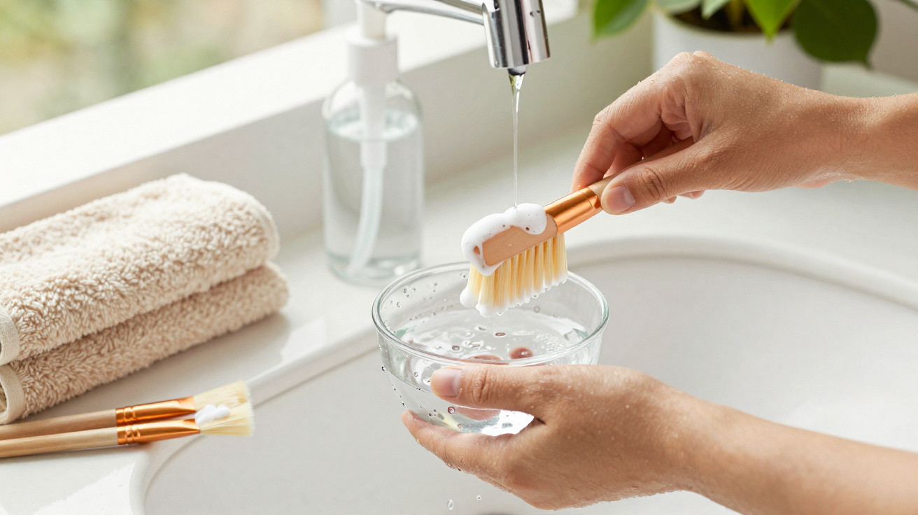 Hände waschen eine Kosmetikbürste unter fließendem Wasser über einer Glas-Schüssel im Badezimmer.