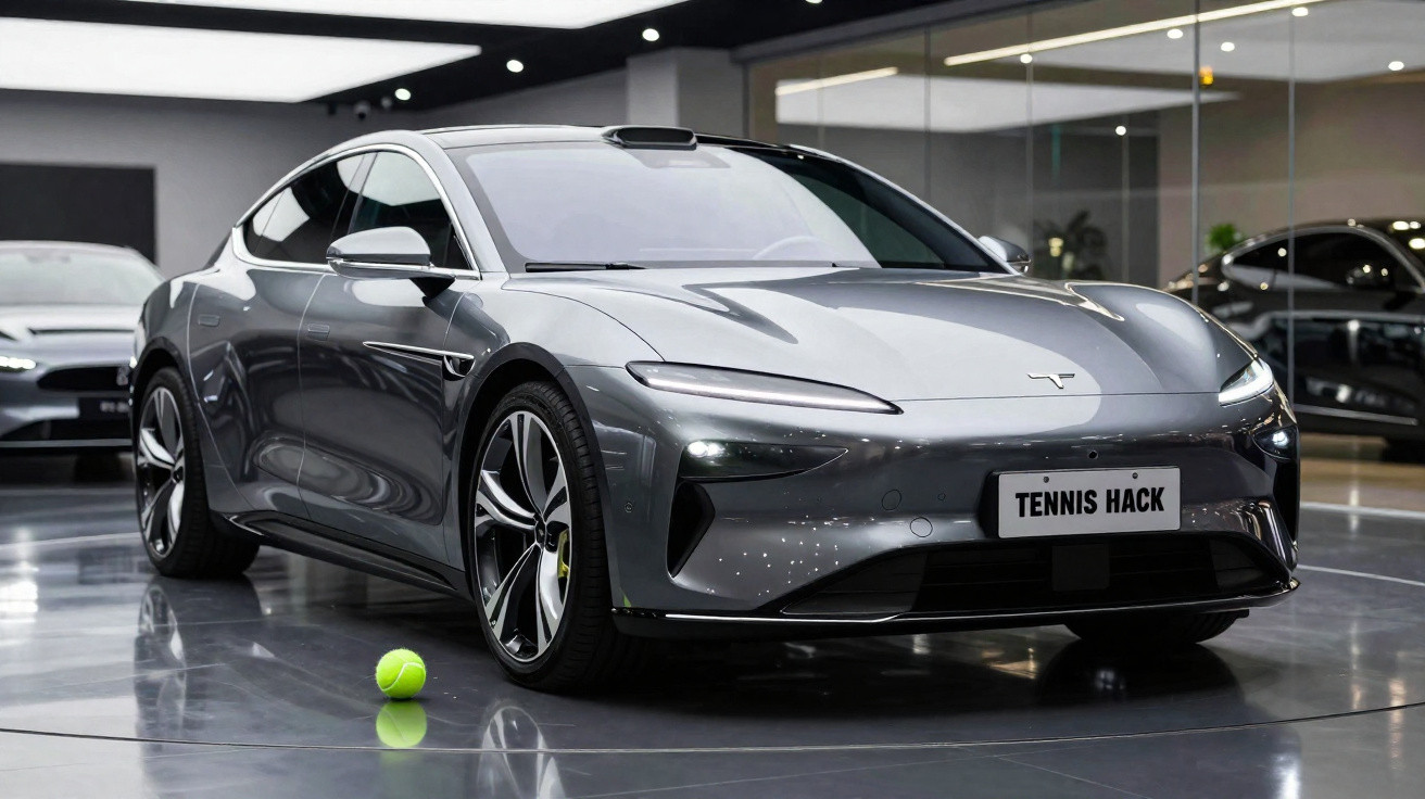 Silberner Tesla mit dem Kennzeichen "TENNIS HACK" in moderner Ausstellungshalle, Tennisball vor dem Auto.