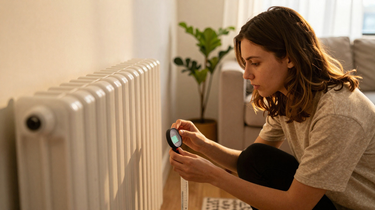 Frau justiert Thermostat an weißem Heizkörper in gemütlichem Wohnzimmer mit Pflanze im Hintergrund.
