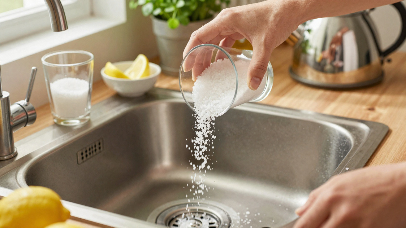 Hand schüttet Salz über Spüle in moderner Küche mit Zitronen, Glas und Pflanzen im Hintergrund.