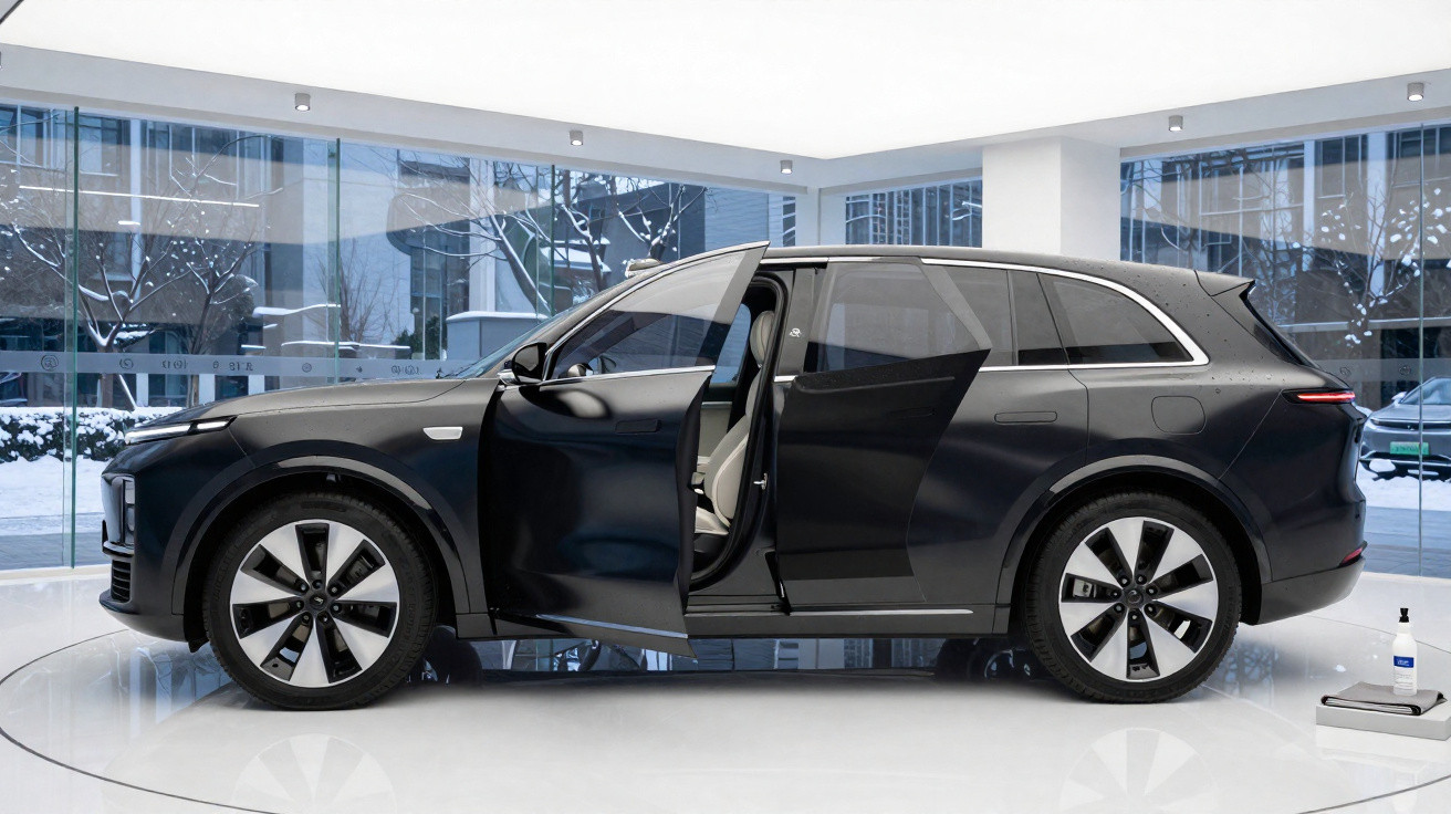 Schwarzes Elektro-SUV mit geöffneter Fahrertür in modernem Ausstellungsraum bei Tageslicht.