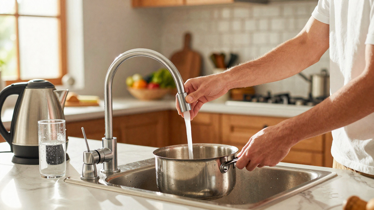 Person füllt einen Kochtopf mit Wasser aus einem Küchenwasserhahn in einer modernen Küche.
