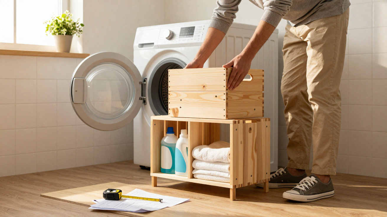 Person stellt eine Holzkiste vor eine geöffnete Waschmaschine in einem hellen Waschraum.