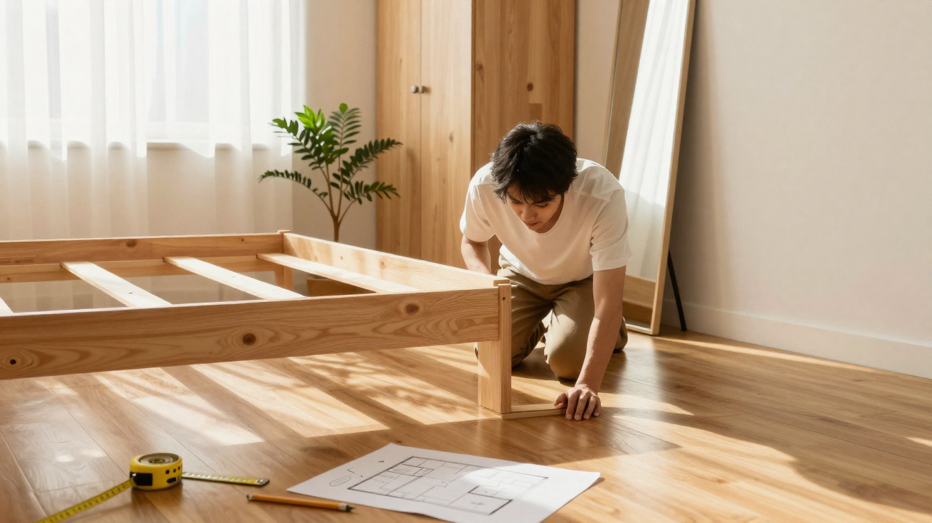 Mann baut ein Holzbett auf hellem Holzboden in einem hellen, minimalistischen Raum auf.