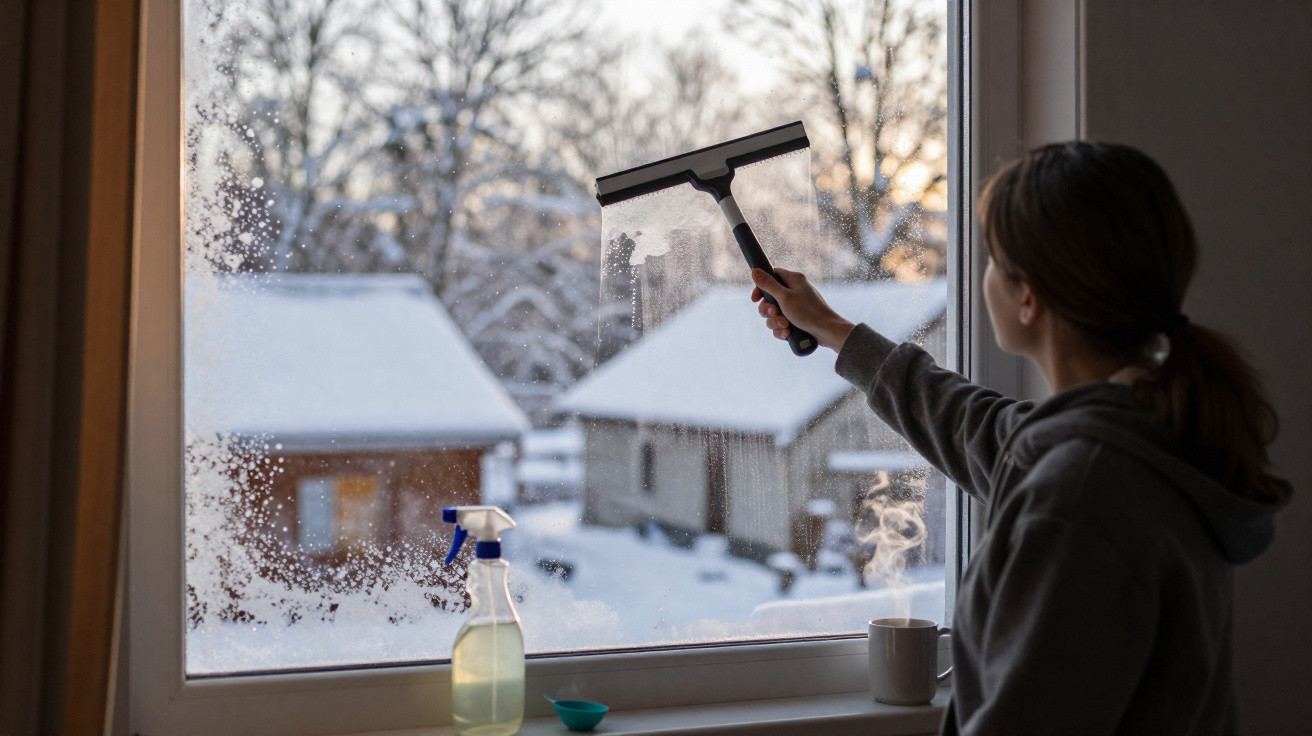 Frau reinigt im Winter mit Abzieher ein Fenster, Schnee und Häuser im Hintergrund sichtbar.