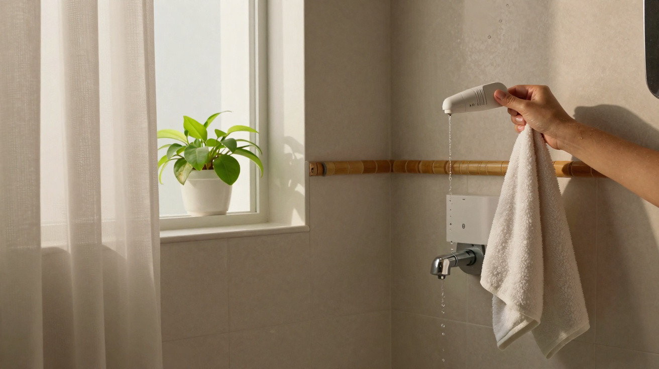 Hand wäscht ein weißes Handtuch mit fließendem Wasser in einem hellen Badezimmer mit Pflanze am Fenster.