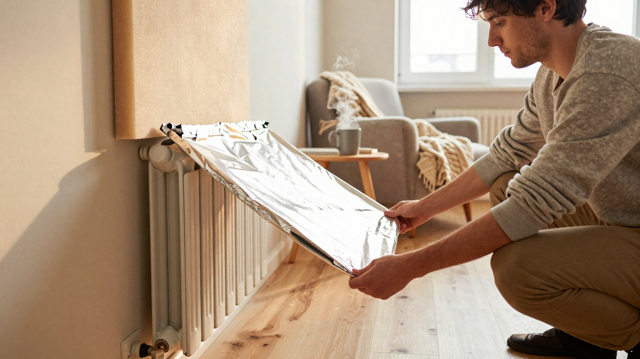 Mann befestigt reflektierende Folie an einer Heizung in einem hellen Wohnzimmer mit Holzfußboden.