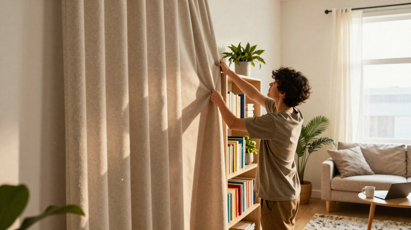 Junger Mann zieht Vorhang im hellen Wohnzimmer mit Bücherregal, Sofa und Pflanzen auf.