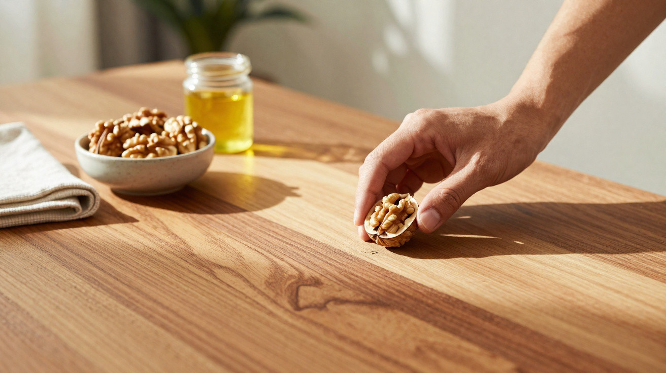 Hand legt Walnuss auf hellen Holztisch, im Hintergrund Schale mit Walnüssen und kleines Glas Öl.