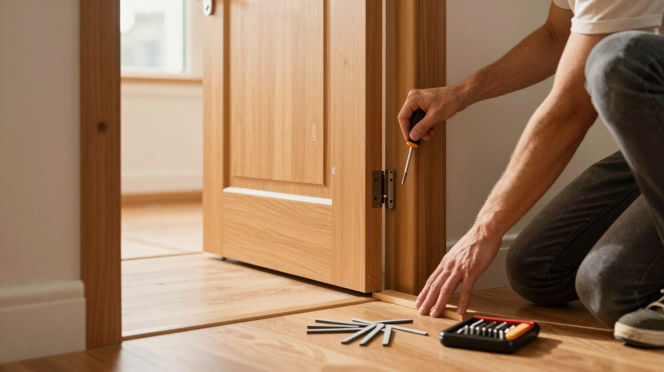 Person schraubt Türscharniere mit Schraubendreher an eine Holztür im Innenraum.