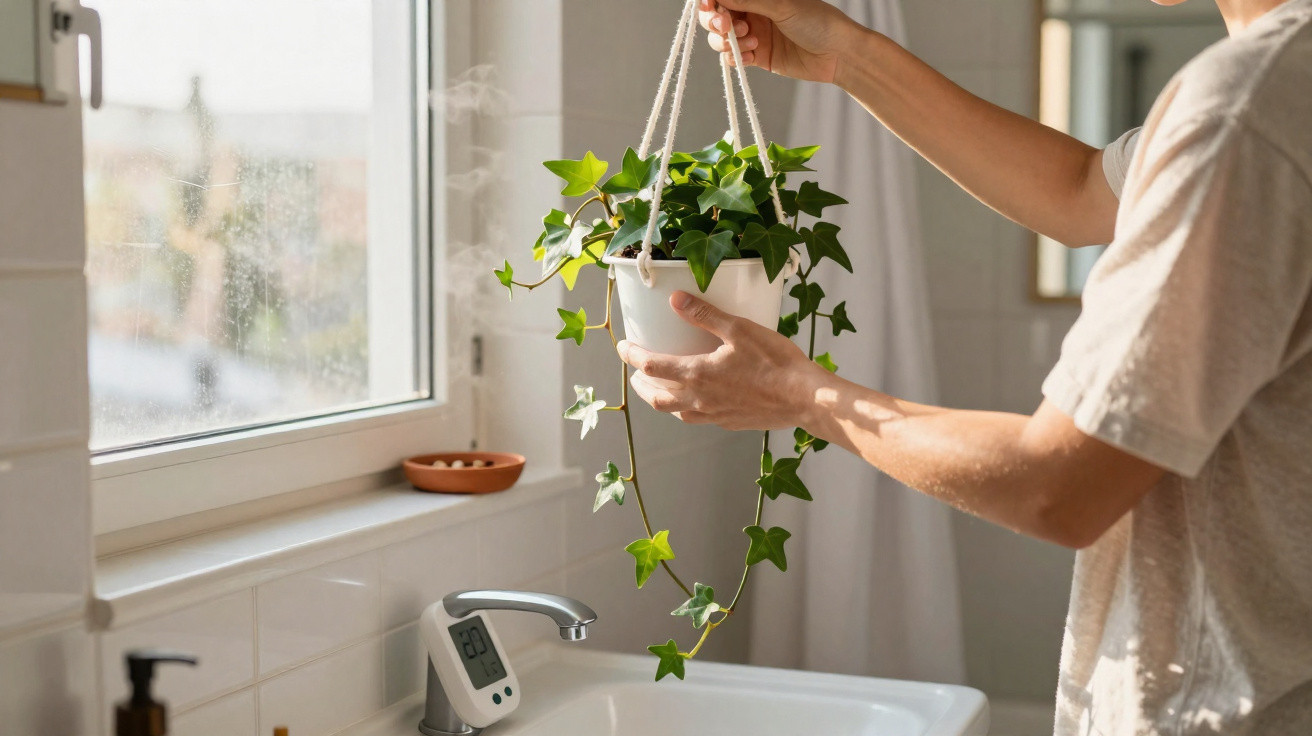Person hängt eine grüne Efeupflanze in weißen Blumentopf über dem Badezimmerwaschbecken auf.