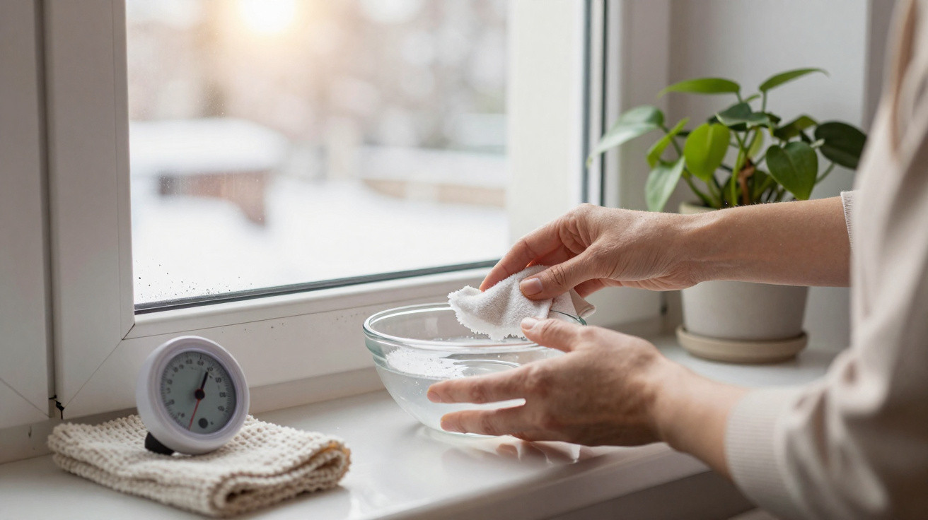 Hände reinigen ein feuchtes Tuch an einem Fensterbrett mit Wasserschale, Thermometer und Pflanze im Hintergrund.