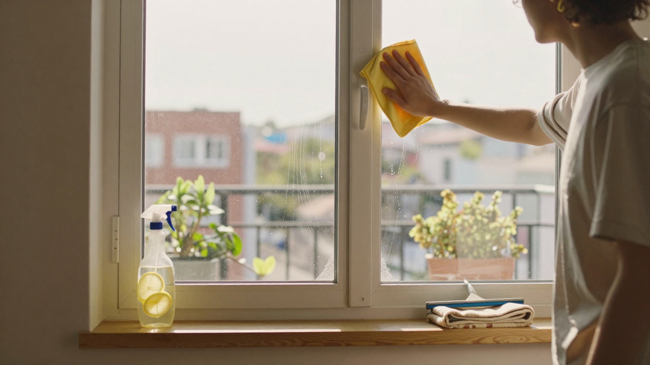 Frau wischt mit gelbem Tuch ein Fenster, Fensterbank mit Sprühflasche und Pflanzen im Hintergrund.