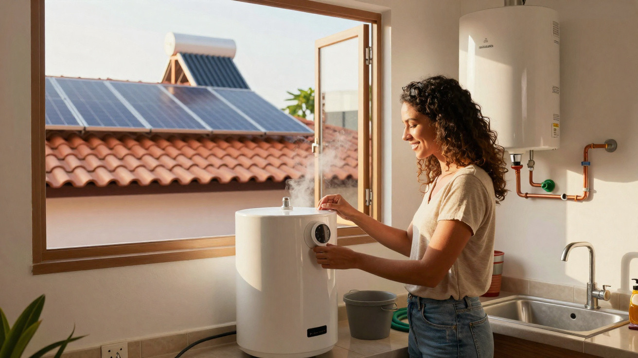 Frau stellt Dampfgerät in sonnigem Raum mit offenem Fenster und Solaranlage auf dem Nachbardach ein.