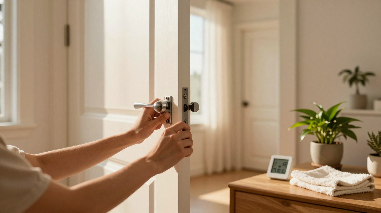 Person öffnet helle Innentür in einem warm beleuchteten Raum mit Pflanzen und digitalem Thermometer.
