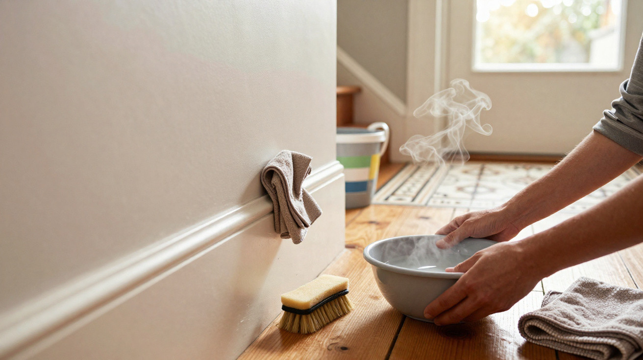 Person hält schüssel mit dampfendem wasser zum reinigen von holzboden neben bürste und tüchern