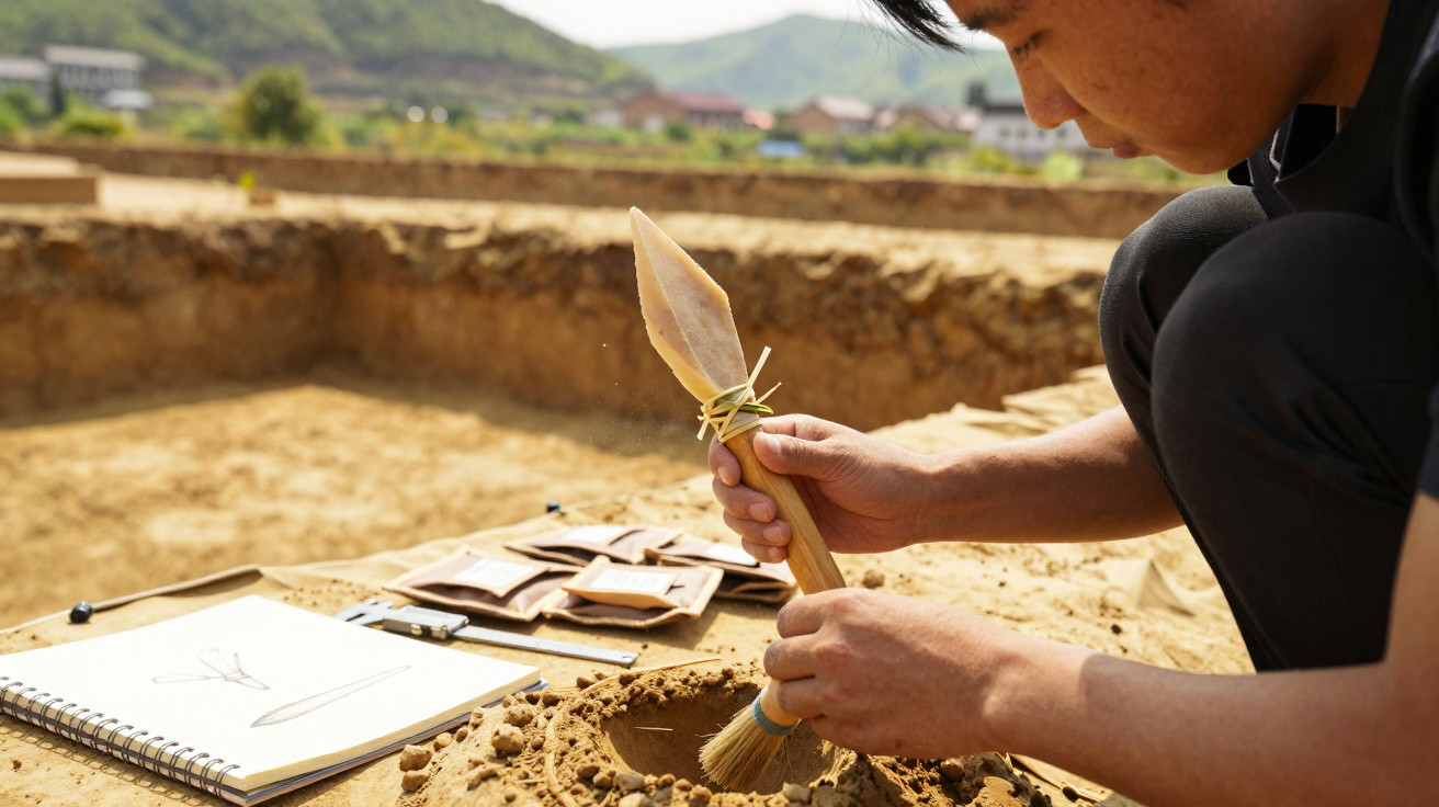 Archäologe gräbt vorsichtig mit Bürste ein Artefakt bei Ausgrabungsstelle in sonniger Landschaft aus.
