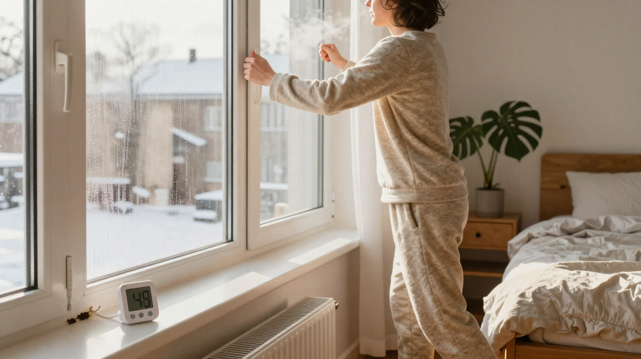 Frau öffnet Fenster an kaltem Wintermorgen in hellem Schlafzimmer mit Heizkörper und Wecker auf der Fensterbank.