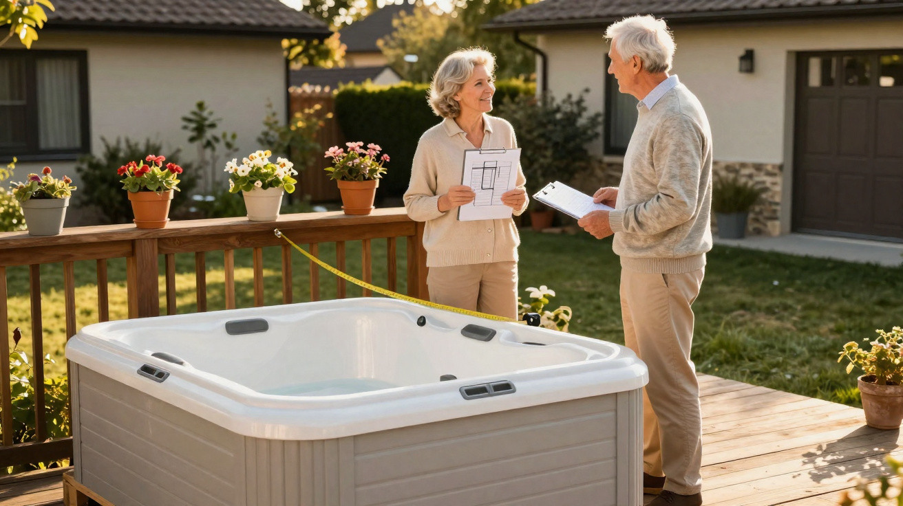 Älteres Paar bespricht Pläne neben Whirlpool auf Terrasse in einem sonnigen Garten mit Blumenampeln.