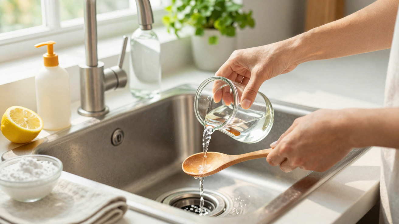 Person gießt Wasser aus einem Glas auf einen Holzlöffel über der Küchenspüle mit Zitrone und Schüssel im Hintergrund.