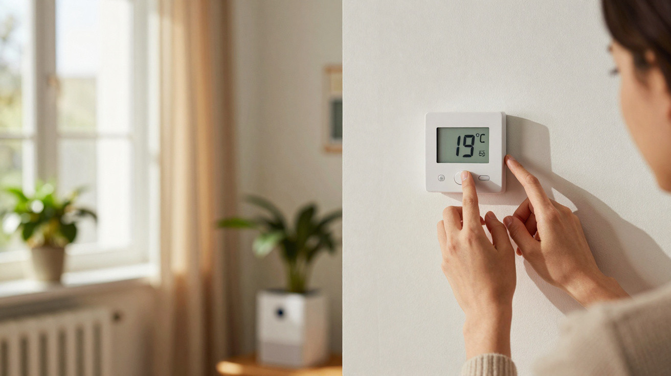 Person stellt Heizungsthermostat an der Wand auf 19 Grad Celsius ein.