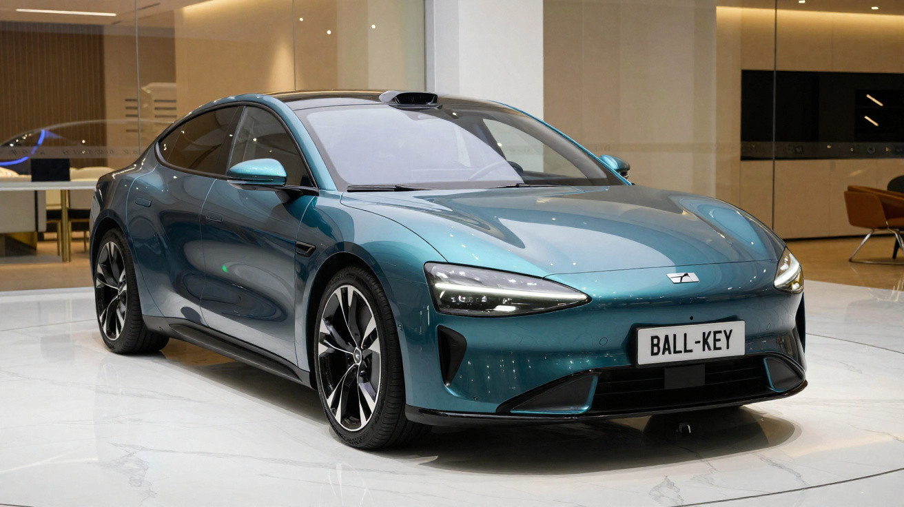 Sportliches, türkisfarbenes Elektroauto mit scharfen LED-Scheinwerfern in modernem Innenraum ausgestellt.