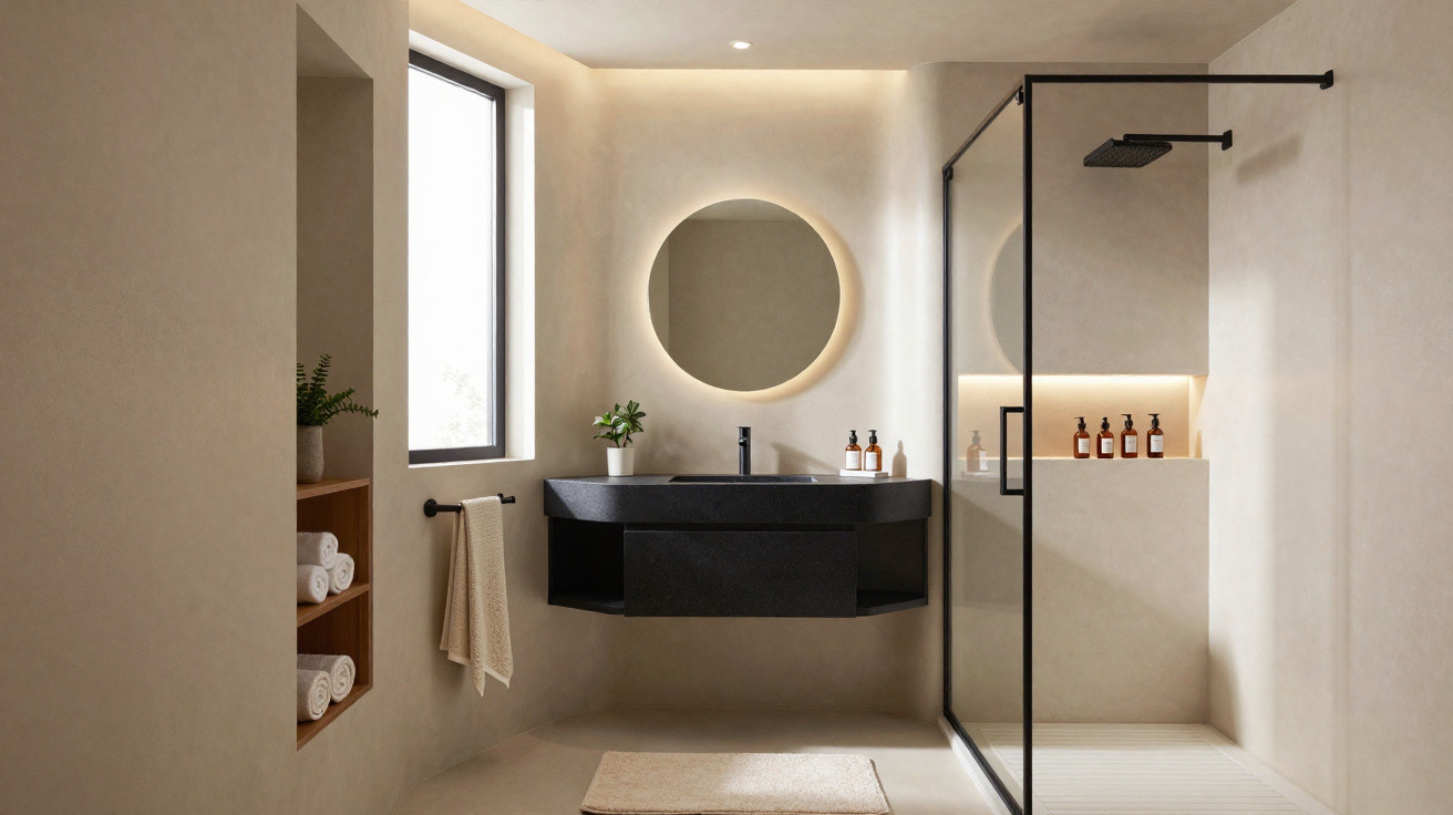 Modernes Badezimmer mit runder beleuchteter Spiegel, schwarzem Waschtisch und Glasdusche in neutralen Tönen.