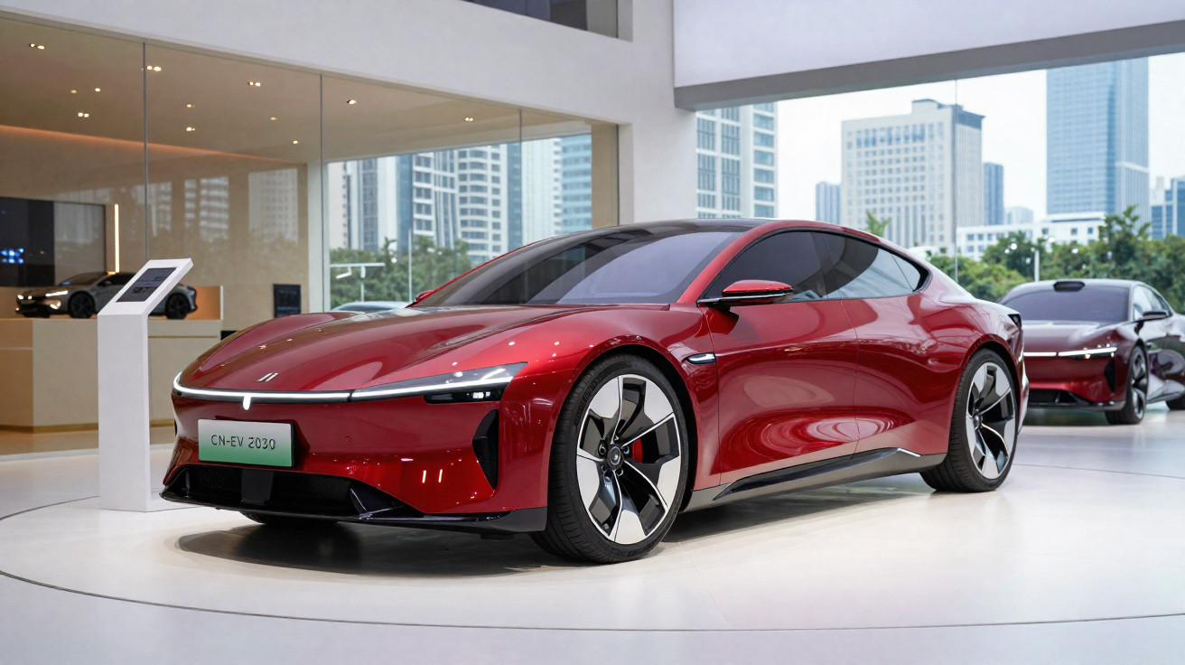 Rotes Elektrofahrzeug mit futuristischem Design in moderner Ausstellungshalle vor Glasfenstern und Hochhäusern.