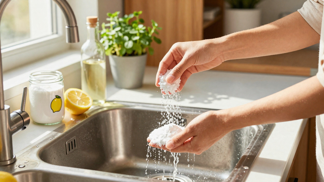 Person streut Salz in eine Küchenspüle, daneben stehen eine Zitrone, Pflanzen und ein Glas mit Salz.