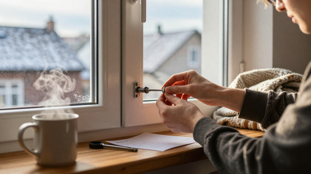 Person öffnet ein Fenster mit einem Schraubenzieher, dampfende Tasse und Notiz auf dem Fensterbrett.